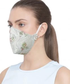 Vastramay Unisex 4 -Ply Floral Print On Embroidered Base Reusable Anti-Pollution, Comfortable Large Coverage With Ear Loops Wellness Masks In Green - Pack Of 1