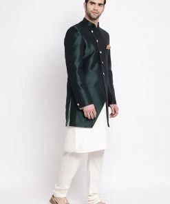 Vastramay Men's Cream And Green Viscose Ethnic Combo Set Jacket Kurta Sets