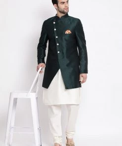 Vastramay Men's Cream And Green Viscose Ethnic Combo Set Jacket Kurta Sets