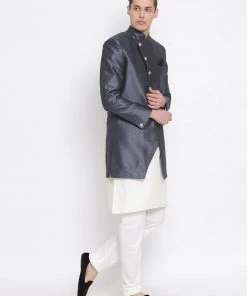 Jacket Kurta Sets Vastramay Men's Cream And Grey Viscose Ethnic Combo Set