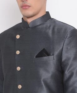 Jacket Kurta Sets Vastramay Men's Cream And Grey Viscose Ethnic Combo Set