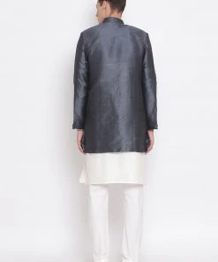 Jacket Kurta Sets Vastramay Men's Cream And Grey Viscose Ethnic Combo Set