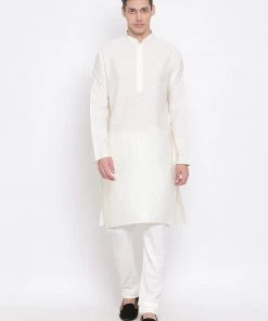Jacket Kurta Sets Vastramay Men's Cream And Grey Viscose Ethnic Combo Set