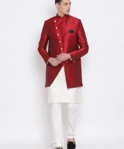 Vastramay Men's Cream And Maroon Viscose Ethnic Combo Set