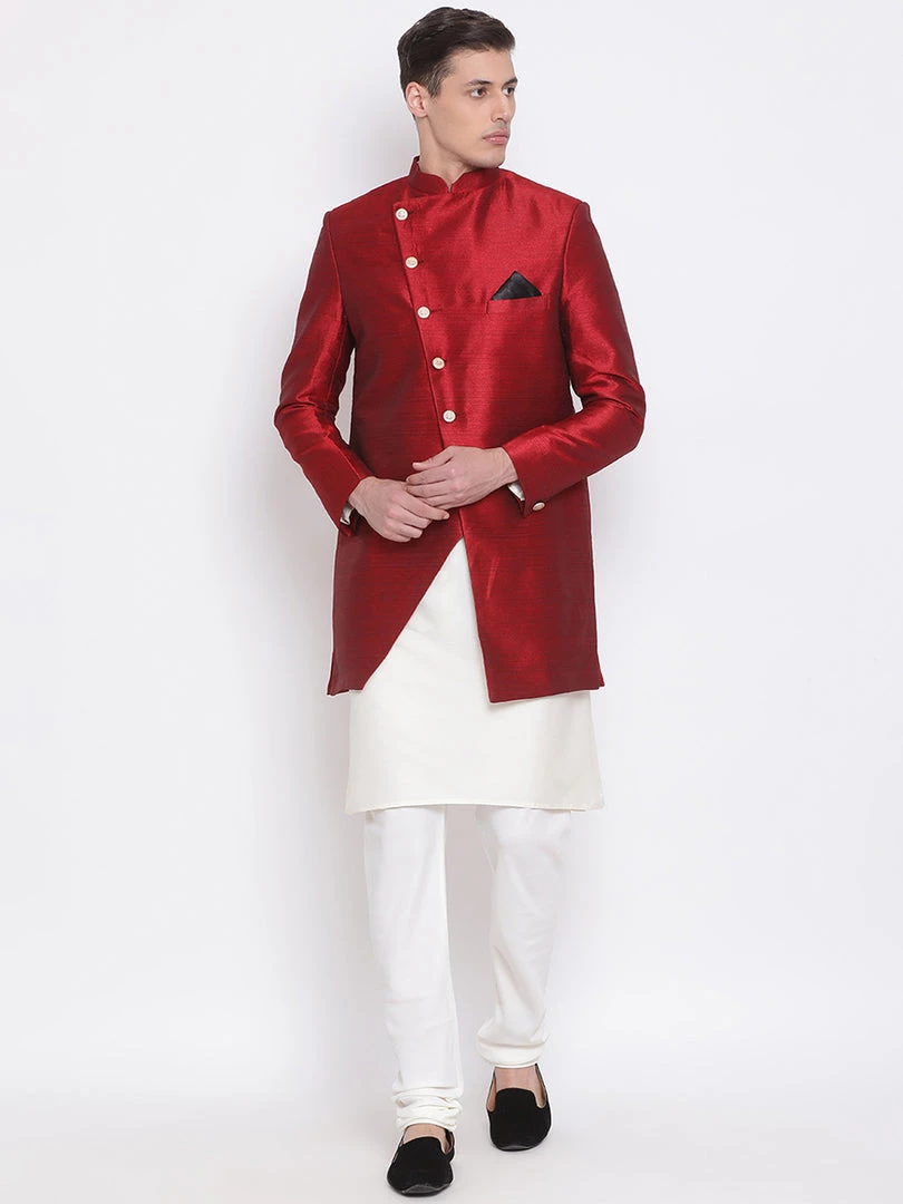 Vastramay Men's Cream And Maroon Viscose Ethnic Combo Set 3 Vastramay Men's Cream And Maroon Viscose Ethnic Combo Set