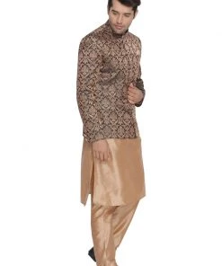 VASTRAMAY Men's Brown Silk Blend Prince Coat Bandhgala/Jodhpuri