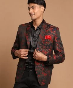 VASTRAMAY Men's Black And Red Color Woven Design Blazer