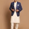SHRESTHA By VASTRAMAY Shaadi VASTRAMAY Men's Navy Blue Woven Blazer And Cream Solid Kurta With Pajama Set