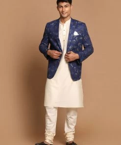 SHRESTHA By VASTRAMAY Shaadi VASTRAMAY Men's Navy Blue Woven Blazer And Cream Solid Kurta With Pajama Set