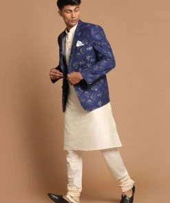 SHRESTHA By VASTRAMAY Shaadi VASTRAMAY Men's Navy Blue Woven Blazer And Cream Solid Kurta With Pajama Set