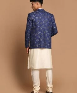 SHRESTHA By VASTRAMAY Shaadi VASTRAMAY Men's Navy Blue Woven Blazer And Cream Solid Kurta With Pajama Set