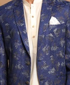 SHRESTHA By VASTRAMAY Shaadi VASTRAMAY Men's Navy Blue Woven Blazer And Cream Solid Kurta With Pajama Set