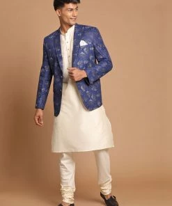 SHRESTHA By VASTRAMAY Shaadi VASTRAMAY Men's Navy Blue Woven Blazer And Cream Solid Kurta With Pajama Set