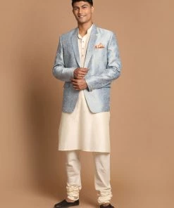 SHRESTHA By VASTRAMAY VASTRAMAY Men's Gray Woven Blazer And Cream Solid Kurta With Pajama Set Shaadi