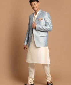 SHRESTHA By VASTRAMAY VASTRAMAY Men's Gray Woven Blazer And Cream Solid Kurta With Pajama Set Shaadi