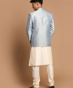 SHRESTHA By VASTRAMAY VASTRAMAY Men's Gray Woven Blazer And Cream Solid Kurta With Pajama Set Shaadi