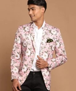 VASTRAMAY Men's Pink Color Floral Printed Blazer Shaadi