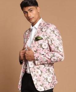 VASTRAMAY Men's Pink Color Floral Printed Blazer Shaadi