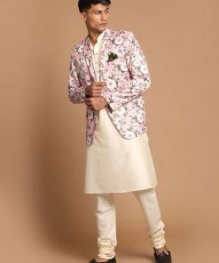 SHRESTHA By VASTRAMAY VASTRAMAY Men's Pink Floral Print Blazer And Cream Solid Kurta With Pajama Set Shaadi