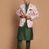 SHRESTHA By VASTRAMAY Shaadi VASTRAMAY Men's Pink Floral Print Blazer And Green Solid Viscose Kurta With Pajama Set