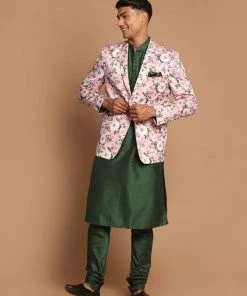 SHRESTHA By VASTRAMAY Shaadi VASTRAMAY Men's Pink Floral Print Blazer And Green Solid Viscose Kurta With Pajama Set