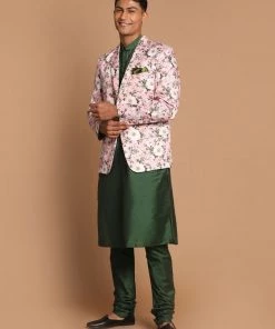 SHRESTHA By VASTRAMAY Shaadi VASTRAMAY Men's Pink Floral Print Blazer And Green Solid Viscose Kurta With Pajama Set