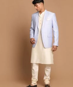 SHRESTHA By VASTRAMAY VASTRAMAY Men's Lavender Woven Blazer And Cream Solid Kurta With Pajama Set Shaadi