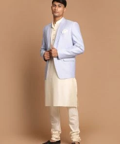 SHRESTHA By VASTRAMAY VASTRAMAY Men's Lavender Woven Blazer And Cream Solid Kurta With Pajama Set Shaadi