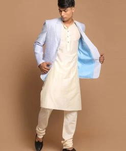 SHRESTHA By VASTRAMAY VASTRAMAY Men's Lavender Woven Blazer And Cream Solid Kurta With Pajama Set Shaadi
