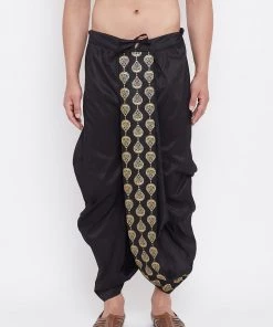 Vastramay Men's Black Silk Blend Embroidered Dhoti