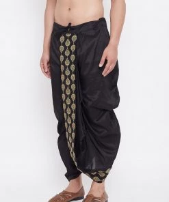 Vastramay Men's Black Silk Blend Embroidered Dhoti