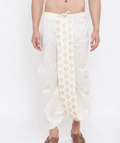 Vastramay Men's Cream Silk Blend Embroidered Dhoti