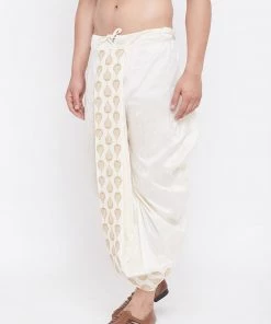 Vastramay Men's Cream Silk Blend Embroidered Dhoti