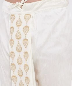 Vastramay Men's Cream Silk Blend Embroidered Dhoti