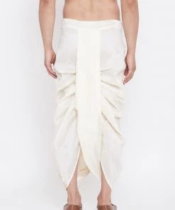 Vastramay Men's Cream Silk Blend Embroidered Dhoti