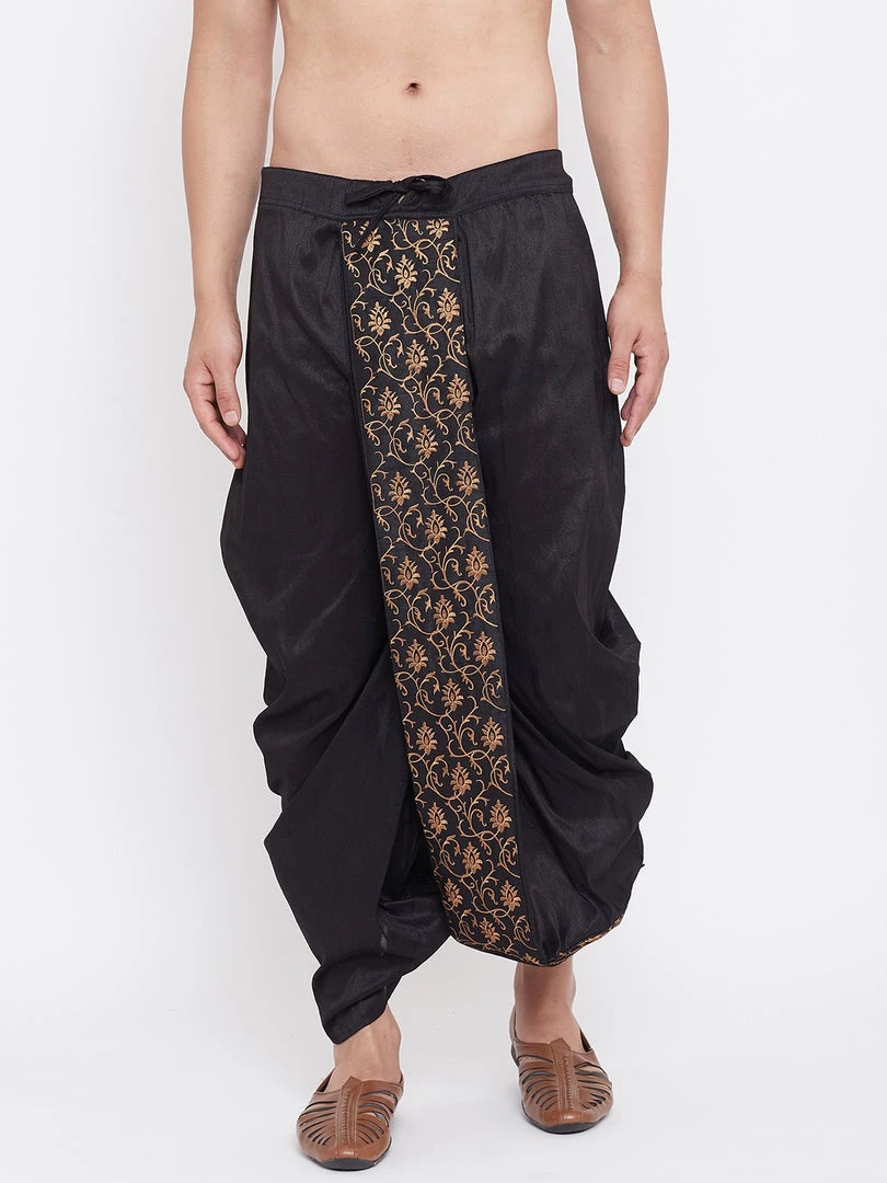 Vastramay Men's Black Silk Blend Embroidered Dhoti 3 Vastramay Men's Black Silk Blend Embroidered Dhoti