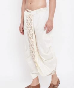 Vastramay Men's Cream Silk Blend Embroidered Dhoti