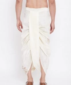 Vastramay Men's Cream Silk Blend Embroidered Dhoti