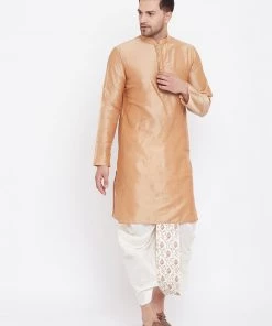 Vastramay Men's Cream Silk Blend Embroidered Dhoti