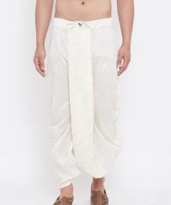 Vastramay Men's Cream Silk Blend Embroidered Dhoti