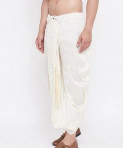 Vastramay Men's Cream Silk Blend Embroidered Dhoti 9 Vastramay Men's Cream Silk Blend Embroidered Dhoti