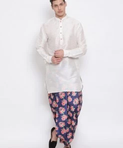 VASTRAMAY Men's Blue Silk Blend Printed Dhoti