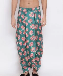 VASTRAMAY Men's Green Silk Blend Printed Dhoti