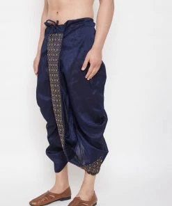 Vastramay Men's Navy Blue Embroidred Dhoti