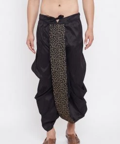 Vastramay Men's Black Silk Blend Embroidered Dhoti