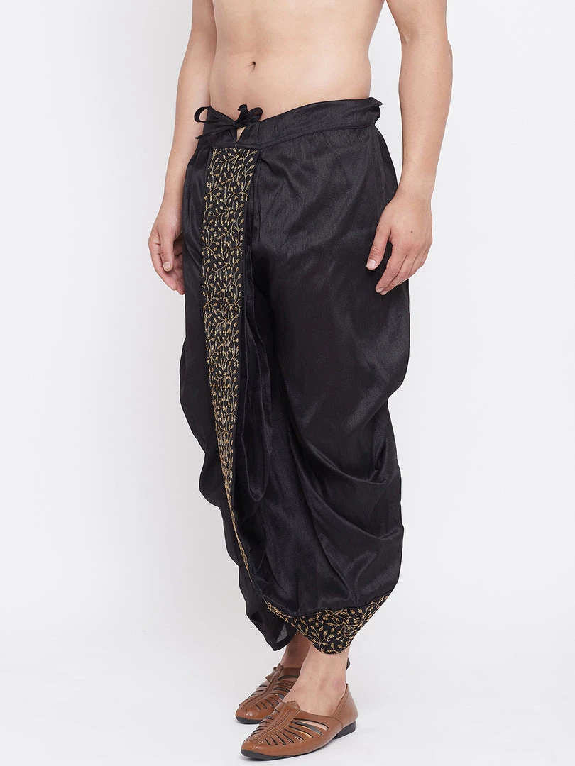 Vastramay Men's Black Silk Blend Embroidered Dhoti 4 Vastramay Men's Black Silk Blend Embroidered Dhoti