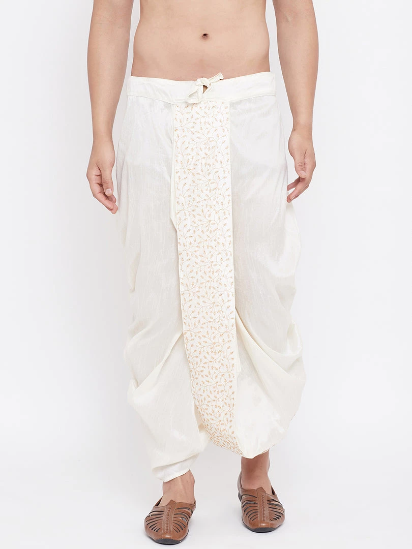 Vastramay Men's Cream Silk Blend Embroidered Dhoti 3 Vastramay Men's Cream Silk Blend Embroidered Dhoti