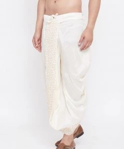 Vastramay Men's Cream Silk Blend Embroidered Dhoti 9 Vastramay Men's Cream Silk Blend Embroidered Dhoti