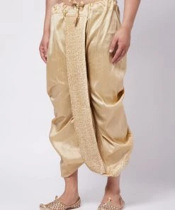 Vastramay Men's Gold Silk Blend Embroidered Dhoti