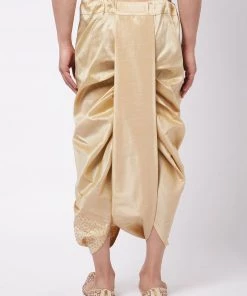 Vastramay Men's Gold Silk Blend Embroidered Dhoti